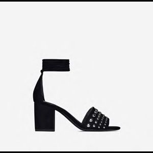 Lace Up Black Faux Suede Mid Block Heels